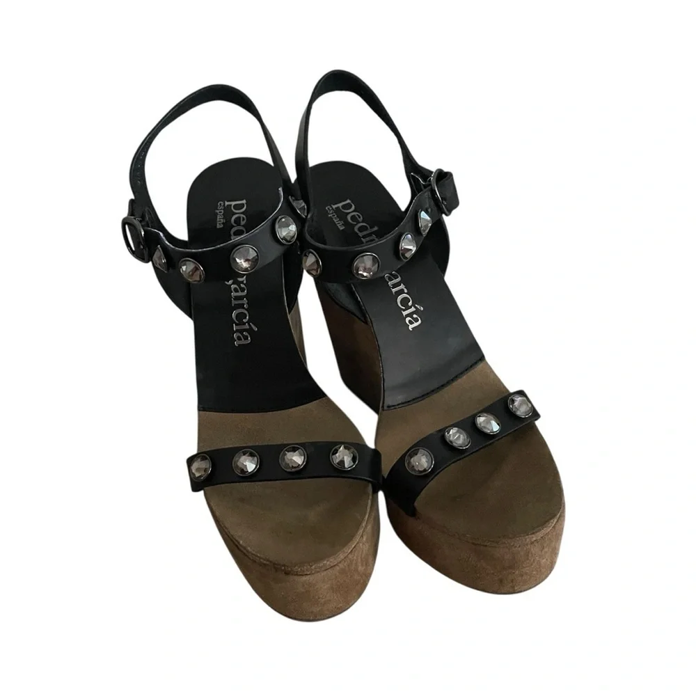 Pedro Garcia Black and Brown Platform Sandals with Ankle Straps Size 9